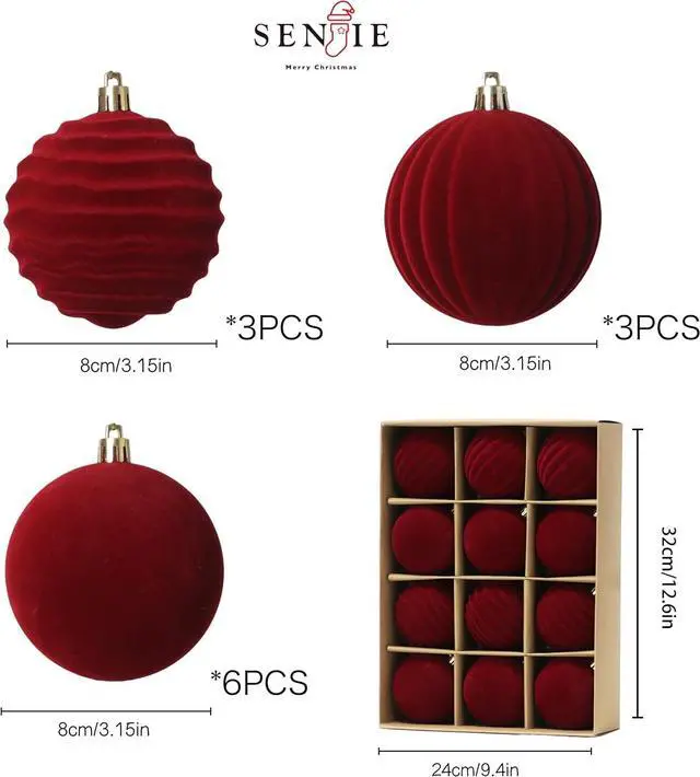 Alt view image 2 of 6 - 3.15In Red Velvet Christmas Ornaments Set,12pcs Burgundy Velvet Ornaments | Velvet Ornaments For Christmas Tree Decor;Holiday Christmas Decor;Christmas Decoration;Shatterproof Plastic Christmas Balls