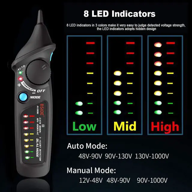 Alt view image 2 of 7 - BSIDE AVD06 Non-Contact Voltage Detector Electric Power Socket Outlet AC Voltage Tester Pen 12-1000V Auto/Manual Mode Adjustable Sensitivity NCV Live Wire Check with Color LED Indicator and Flashlight