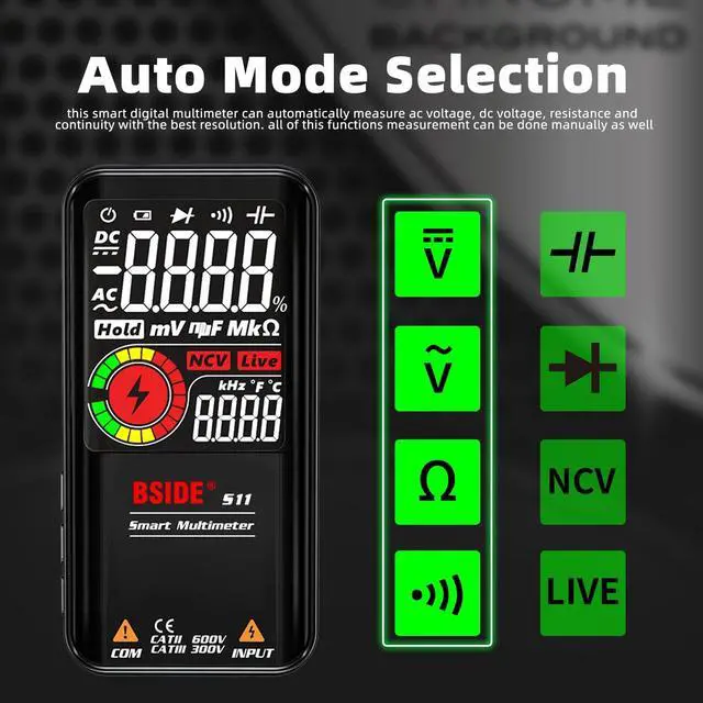 Alt view image 6 of 7 - BSIDE Smart Digital Multimeter 9999 Counts Pocket Voltmeter, Rechargeable with 3 Results Display, Capacitance Diode Duty Cycle Resistance Hz V-Alert Voltage Tester