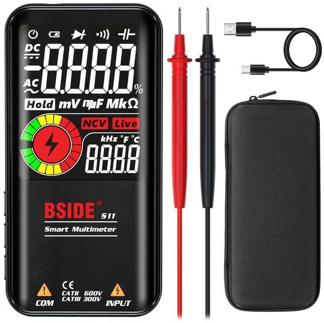 Main image of BSIDE Smart Digital Multimeter 9999 Counts Pocket Voltmeter, Rechargeable with 3 Results Display, Capacitance Diode Duty Cycle Resistance Hz V-Alert Voltage Tester