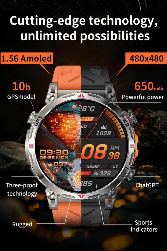 Alt view image 3 of 7 - KC93 Outdoor Sports Smart Watch, Compass & Bluetooth Calling, Heart Rate Blood Oxygen Monitor, GPT-Enabled Rugged Smartwatch for Men(Black)