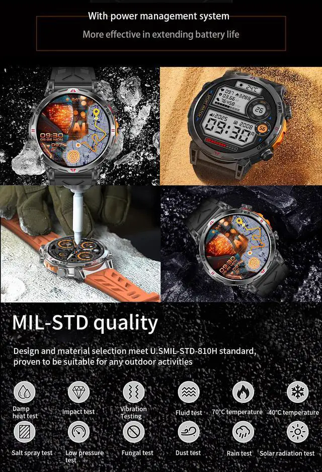 Alt view image 7 of 7 - KC93 Outdoor Sports Smart Watch, Compass & Bluetooth Calling, Heart Rate Blood Oxygen Monitor, GPT-Enabled Rugged Smartwatch for Men(Black)