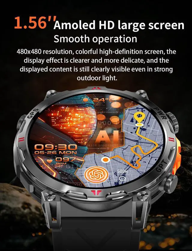 Alt view image 4 of 7 - KC93 Outdoor Sports Smart Watch, Compass & Bluetooth Calling, Heart Rate Blood Oxygen Monitor, GPT-Enabled Rugged Smartwatch for Men(Black)