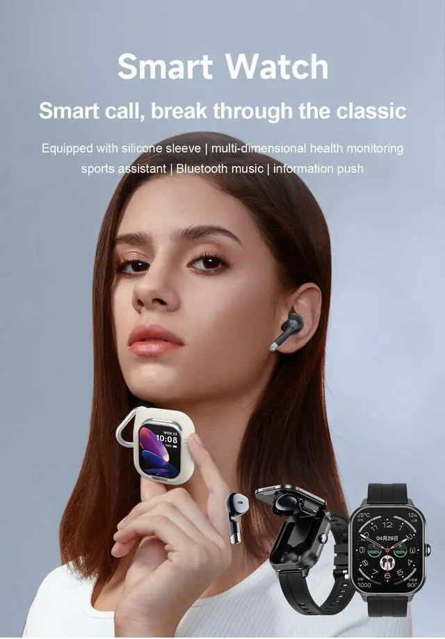 Alt view image 2 of 7 - D8Pro 2-in-1 Smartwatch with Detachable TWS Earbuds, Bluetooth Calling, NFC, Heart Rate & SpO2 Monitor, 100+ Sports Modes, Fitness Tracker for Men Women