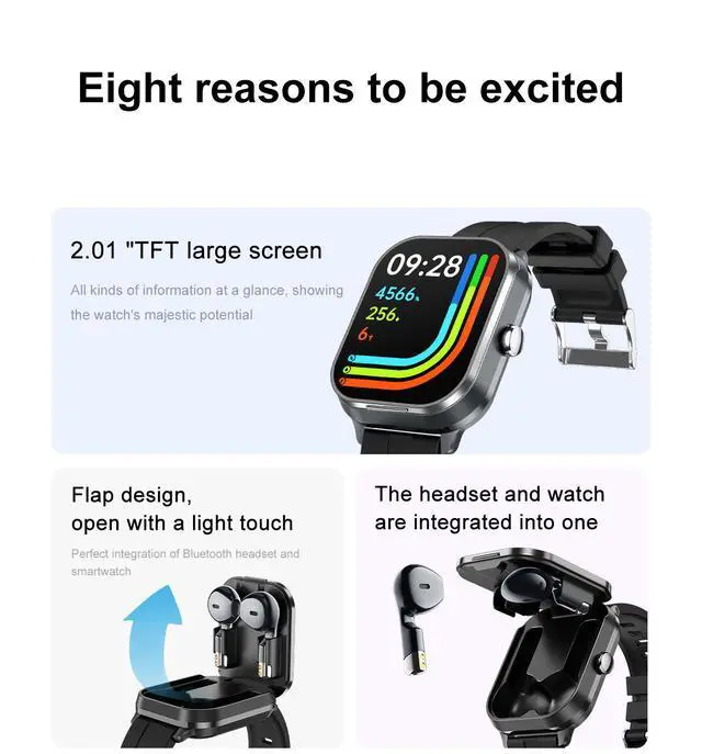 Alt view image 3 of 7 - D8Pro 2-in-1 Smartwatch with Detachable TWS Earbuds, Bluetooth Calling, NFC, Heart Rate & SpO2 Monitor, 100+ Sports Modes, Fitness Tracker for Men Women