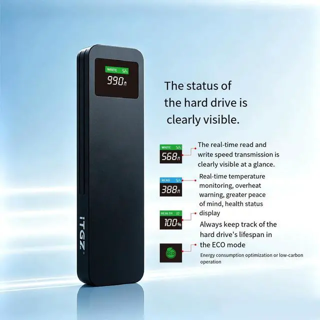 Alt view image 2 of 6 - ITGZ M.2 SSD Enclosure with Visual Display, 9210C Controller, Dual Protocol NVMe/SATA, 10Gbps Transfer Speed, USB-C 3.2 Gen2, Compatible with PC Laptop Smartphone