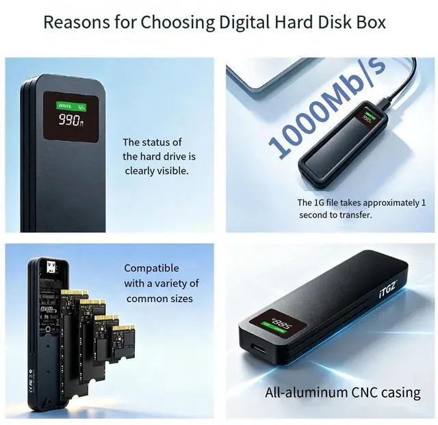 Alt view image 4 of 6 - ITGZ M.2 SSD Enclosure with Visual Display, 9210C Controller, Dual Protocol NVMe/SATA, 10Gbps Transfer Speed, USB-C 3.2 Gen2, Compatible with PC Laptop Smartphone