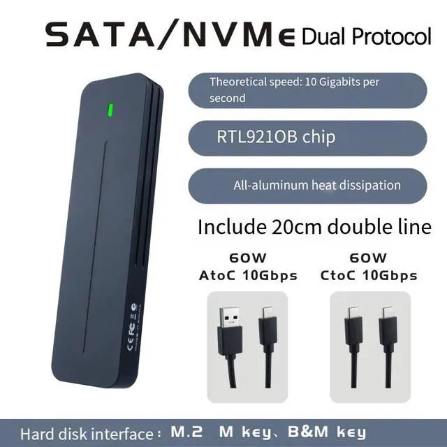 Alt view image 2 of 7 - Customizable M.2 Portable SSD Enclosure, RTL9210B Dual Protocol NVMe/SATA, 10Gbps USB 3.2 Gen2, Compatible with PC Laptop Smartphone