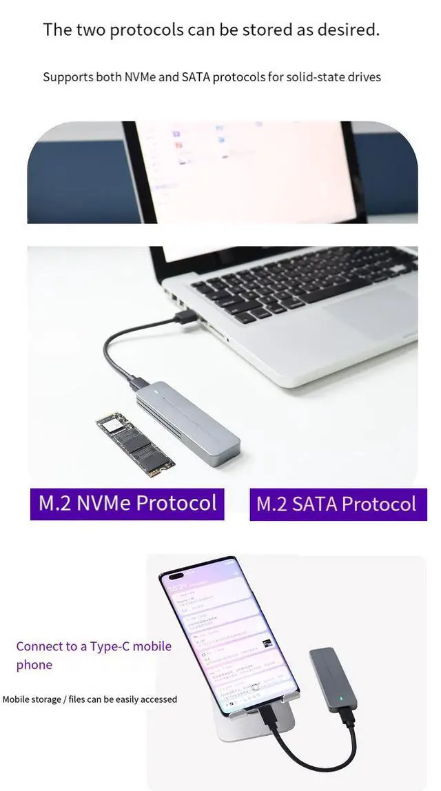 Alt view image 7 of 7 - Customizable M.2 Portable SSD Enclosure, RTL9210B Dual Protocol NVMe/SATA, 10Gbps USB 3.2 Gen2, Compatible with PC Laptop Smartphone