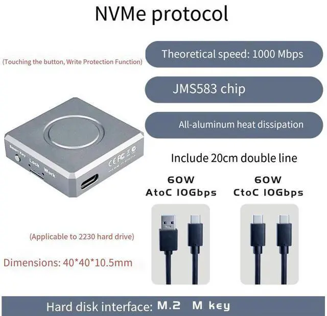 Alt view image 2 of 5 - M.2 2230 SSD Enclosure with Write Protection, NVMe Protocol, 10Gbps, JMS583 Controller, Aluminum Alloy, Compatible with PC Laptop Smartphone