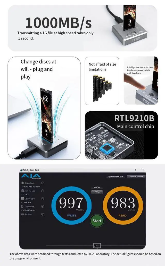 Alt view image 4 of 7 - M.2 Dual Protocol SSD Enclosure, Docking Station Style, RTL9210B, 10Gbps, Aluminum Alloy, SATA/NVMe with Write Protection and Touch Button