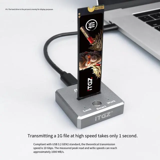 Alt view image 3 of 7 - M.2 Dual Protocol SSD Enclosure, Docking Station Style, RTL9210B, 10Gbps, Aluminum Alloy, SATA/NVMe with Write Protection and Touch Button