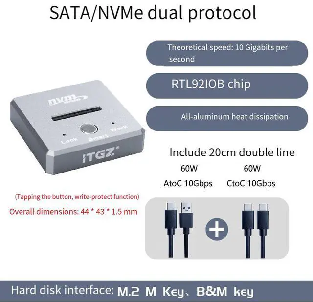 Alt view image 2 of 7 - M.2 Dual Protocol SSD Enclosure, Docking Station Style, RTL9210B, 10Gbps, Aluminum Alloy, SATA/NVMe with Write Protection and Touch Button