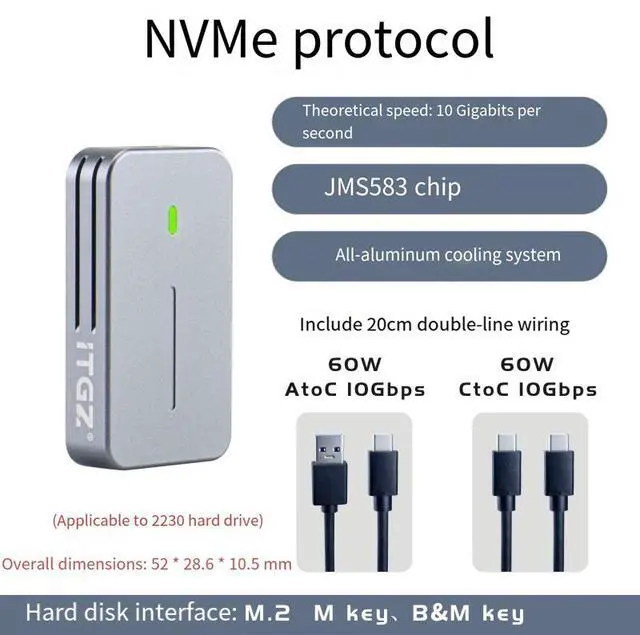 Alt view image 2 of 6 - NVMe M.2 2230 Portable SSD Enclosure, 10Gbps USB 3.2 Gen2, JMS583 Controller, Aluminum Alloy, with Dual Cables for PC Laptop Smartphone