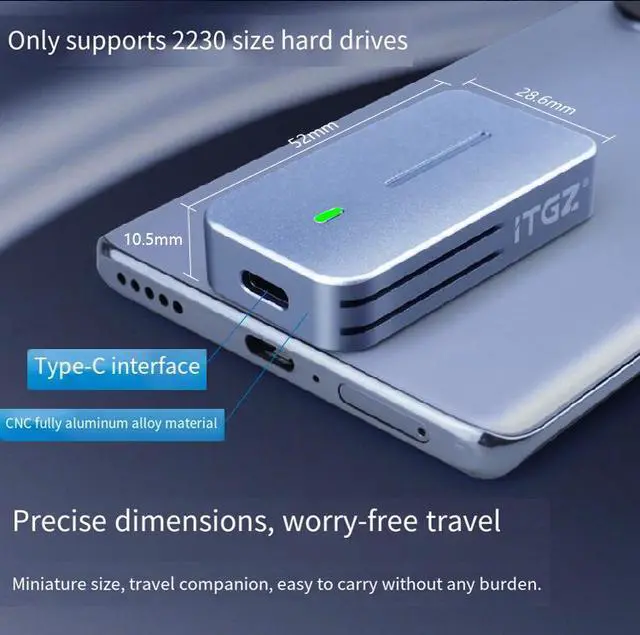 Alt view image 4 of 6 - NVMe M.2 2230 Portable SSD Enclosure, 10Gbps USB 3.2 Gen2, JMS583 Controller, Aluminum Alloy, with Dual Cables for PC Laptop Smartphone