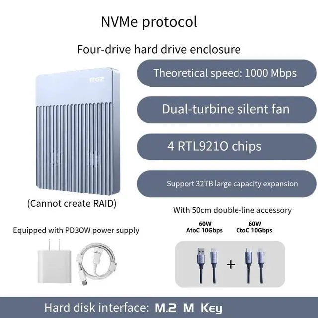 Alt view image 5 of 7 - ITGZ USB 3.1 M.2 4-Bay SSD Enclosure, 10Gbps NVMe External Box, Dual Turbo Silent Fans, Aluminum Alloy, Supports Four Drives Simultaneous Read/Write, 32TB Capacity