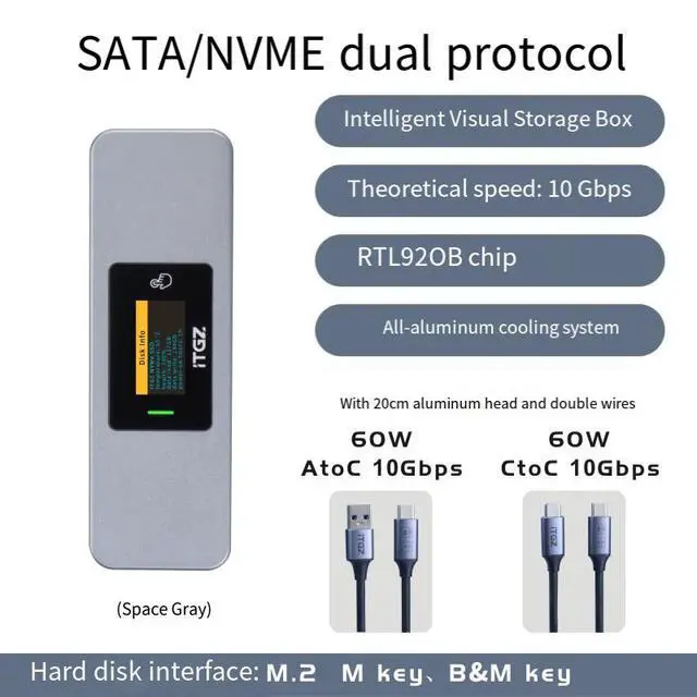 Alt view image 2 of 6 - M.2 SSD Enclosure with Smart Visual Display, SATA/NVMe Dual Protocol, 10Gbps, RTL9210B Controller, Aluminum Alloy Housing with Dual Cables
