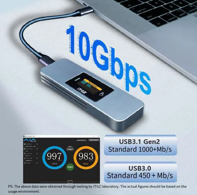 Alt view image 3 of 6 - M.2 SSD Enclosure with Smart Visual Display, SATA/NVMe Dual Protocol, 10Gbps, RTL9210B Controller, Aluminum Alloy Housing with Dual Cables