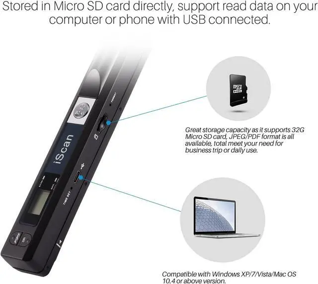 Alt view image 2 of 7 - Portable Document Scanner, AOZBZ 900DPI Handheld Image Scanner, Scanning Wand,A4 Colour Photo Mobile Scanner Handy Scan (JPG/PDF Format, High Speed USB 2.0, Included 16G SD Card)