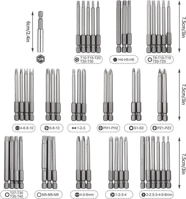 Alt view image 5 of 7 - Screwdriver Bit Set, Sunsbell Security Bit Set Extra Long Magnetic Driver Kit, Drill Screwdriver Bit Set, Screw Driver Bits with Case, Hex, Star Bits, Square, Spanner Bits - 50Pcs