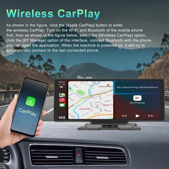 Alt view image 2 of 7 - 10.26" Wireless Carplay Smart Dash Cam Front & Rear 1080P Recording, Mirror Link, Voice Control, GPS Navigation, Loop Recording, Parking Monitor