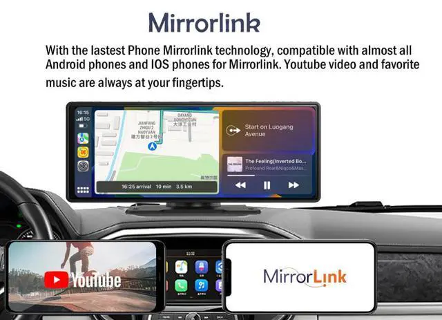 Alt view image 3 of 7 - 10.26" Wireless Carplay Smart Dash Cam Front & Rear 1080P Recording, Mirror Link, Voice Control, GPS Navigation, Loop Recording, Parking Monitor