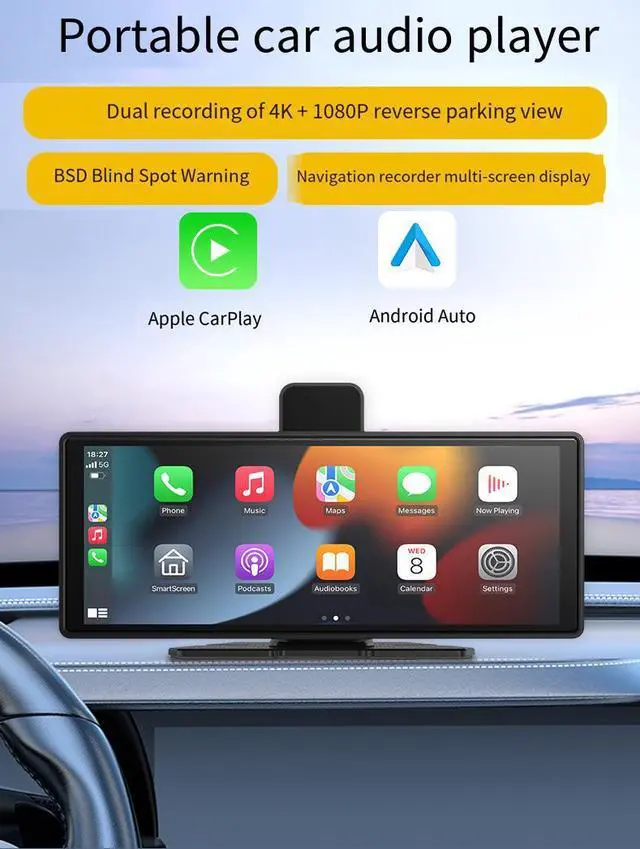 Alt view image 2 of 7 - 10.26" Wireless CarPlay Dash Cam with 4K Front & 1080P Rear Dual Recording Bluetooth 5.0, Screen Mirroring, 1600×600 IPS Touchscreen, TF Card Support, Android/Auto Apple Carplay, Voice Control