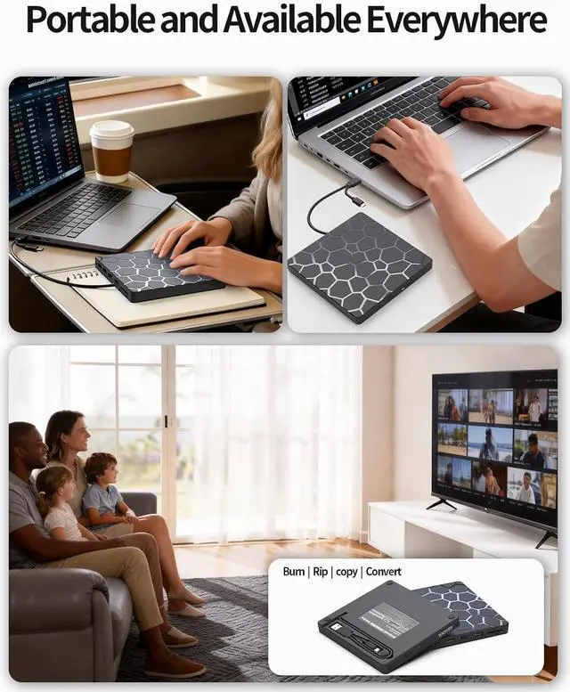 Alt view image 3 of 7 - 8 in 1 External CD DVD Drive USB 3.0 and Type-C Disc Reader Burner Player