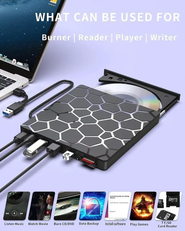 Alt view image 7 of 7 - 8 in 1 External CD DVD Drive USB 3.0 and Type-C Disc Reader Burner Player