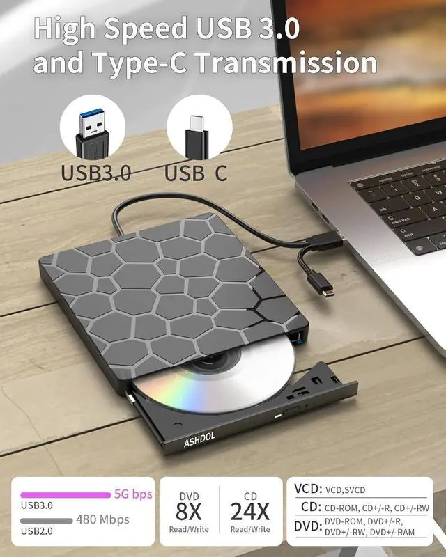 Alt view image 6 of 7 - 8 in 1 External CD DVD Drive USB 3.0 and Type-C Disc Reader Burner Player