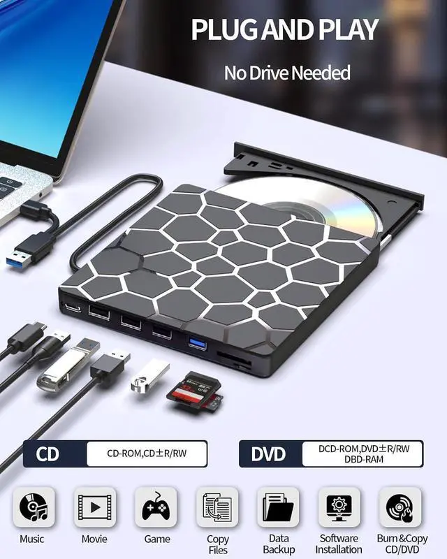 Alt view image 5 of 7 - 8 in 1 External CD DVD Drive USB 3.0 and Type-C Disc Reader Burner Player