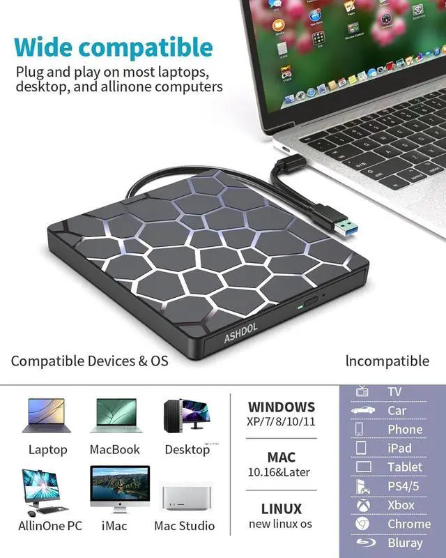Alt view image 2 of 7 - 8 in 1 External CD DVD Drive USB 3.0 and Type-C Disc Reader Burner Player