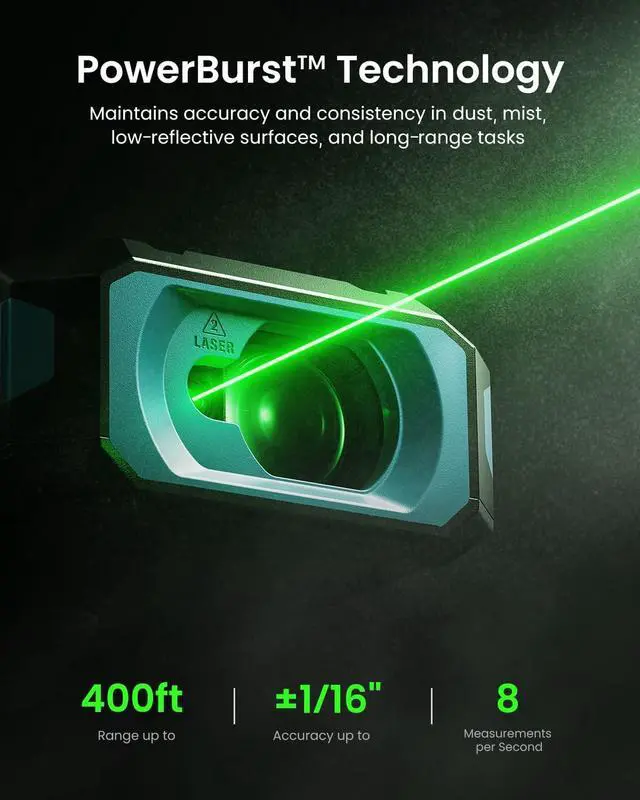 Alt view image 4 of 7 - S50 Green Laser Distance Meter, 400 ft Laser Measure, P2P,Side-Laser Alignment, 2.4" IPS Backlit Display