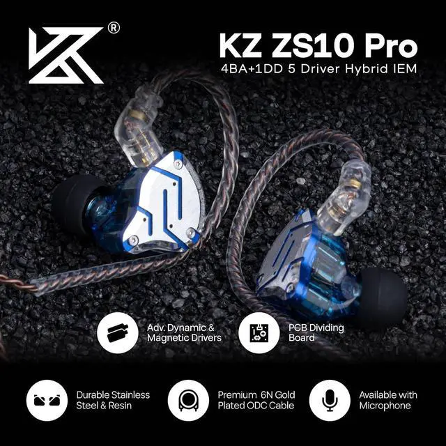 Alt view image 3 of 7 - KZ ZS10 Pro, 4BA+1DD 5 Driver in Ear Monitor, HiFi Wired Earbuds, Gaming Earbuds, Hybrid IEM Earphones with Stainless Steel Faceplate, Detachable Cable for Musician(with Mic, Glare Blue)