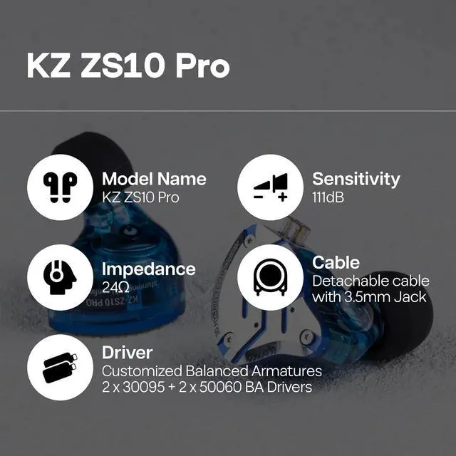 Alt view image 6 of 7 - KZ ZS10 Pro, 4BA+1DD 5 Driver in Ear Monitor, HiFi Wired Earbuds, Gaming Earbuds, Hybrid IEM Earphones with Stainless Steel Faceplate, Detachable Cable for Musician(with Mic, Glare Blue)