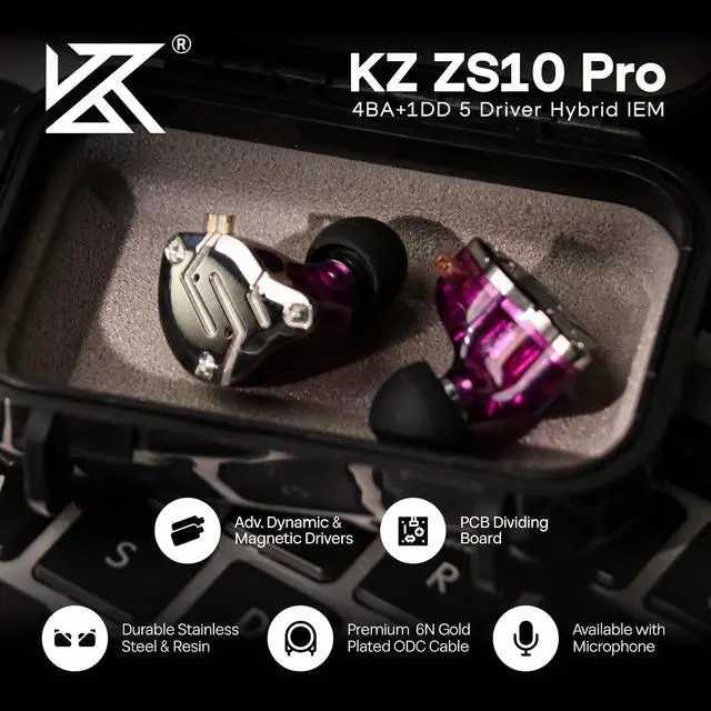 Alt view image 3 of 7 - KZ ZS10 Pro, 4BA+1DD 5 Driver in Ear Monitor, HiFi Wired Earbuds, Gaming Earbuds, Hybrid IEM Earphones with Stainless Steel Faceplate, Detachable Cable for Musician (with Mic, Purple)