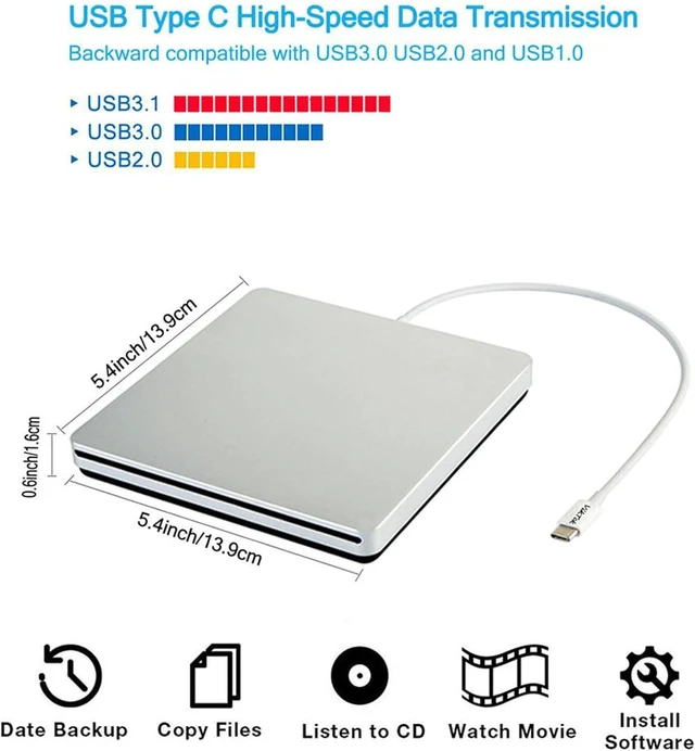 Alt view image 3 of 6 - External USB-C SuperDrive DVD CD Drive Portable DVD CD Reader/Burner for Apple-MacBook Air/Pro/iMac/Mini/MacBook Pro/ASUS/DELL/Laptop with USB-C Port Plug and Play (Silver)