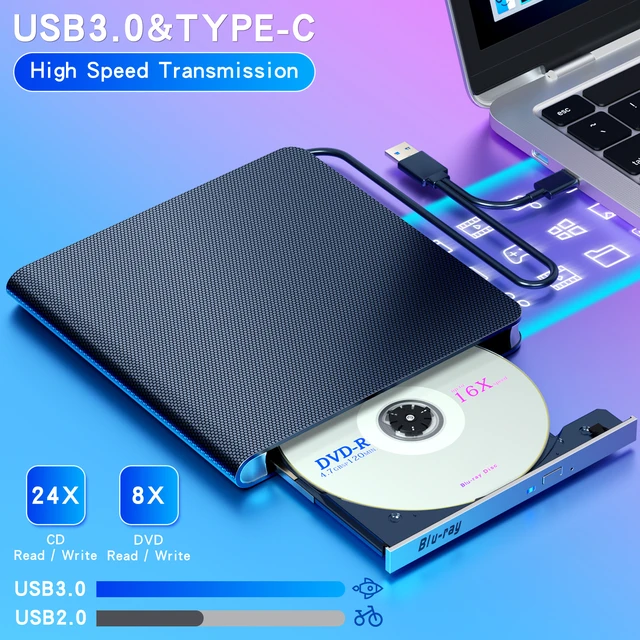 Alt view image 2 of 7 - 7-in-1 Multi-Function Blu-Ray BD-ROM Drive, High-Speed USB/Type-C External DVD/CD Reader & Writer/Burner for Laptop, PC, and Desktop