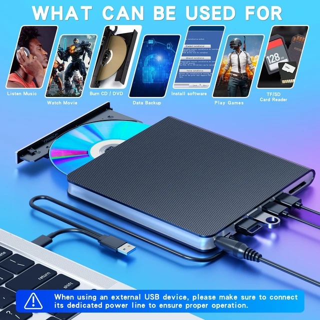Alt view image 3 of 7 - 7-in-1 Multi-Function Blu-Ray BD-ROM Drive, High-Speed USB/Type-C External DVD/CD Reader & Writer/Burner for Laptop, PC, and Desktop