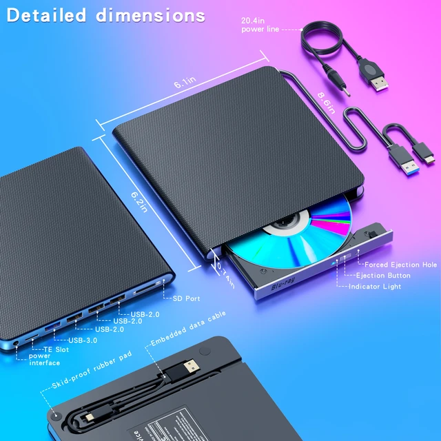 Alt view image 4 of 7 - 7-in-1 Multi-Function Blu-Ray BD-ROM Drive, High-Speed USB/Type-C External DVD/CD Reader & Writer/Burner for Laptop, PC, and Desktop