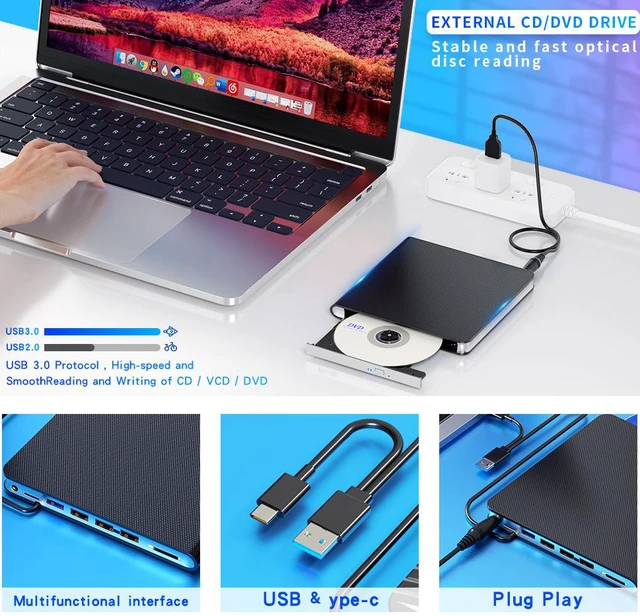 Alt view image 6 of 7 - 7-in-1 Multi-Function Blu-Ray BD-ROM Drive, High-Speed USB/Type-C External DVD/CD Reader & Writer/Burner for Laptop, PC, and Desktop