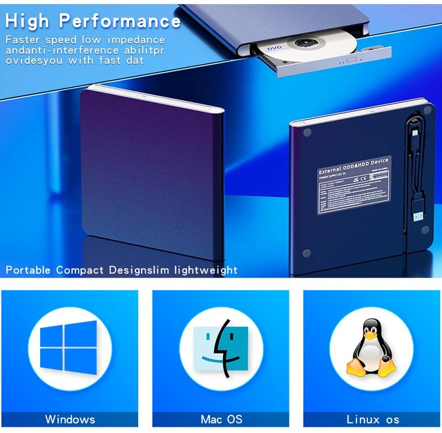 Alt view image 7 of 7 - 7-in-1 Multi-Function Blu-Ray BD-ROM Drive, High-Speed USB/Type-C External DVD/CD Reader & Writer/Burner for Laptop, PC, and Desktop