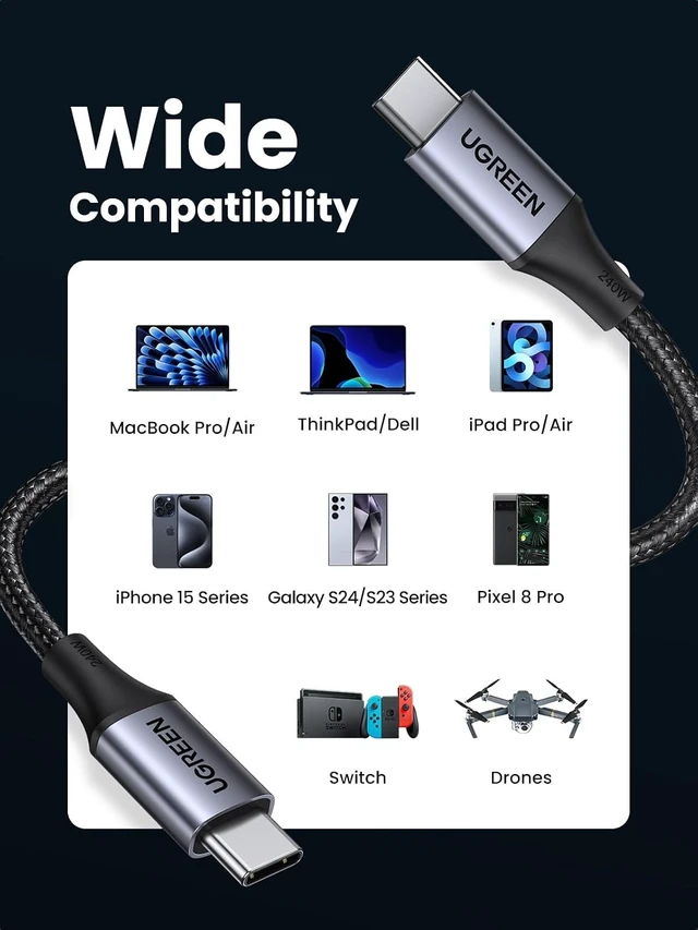 Alt view image 3 of 7 - UGREEN 240W USB C to USB C Cable, Fast Charging USB C Cable for iPhone 17 Pro Max/16, Samsung Galaxy S25/S24, MacBook Pro/Air, iPad Pro/Air/Mini, Dell XPS, 3.3FT (Pack of 2)