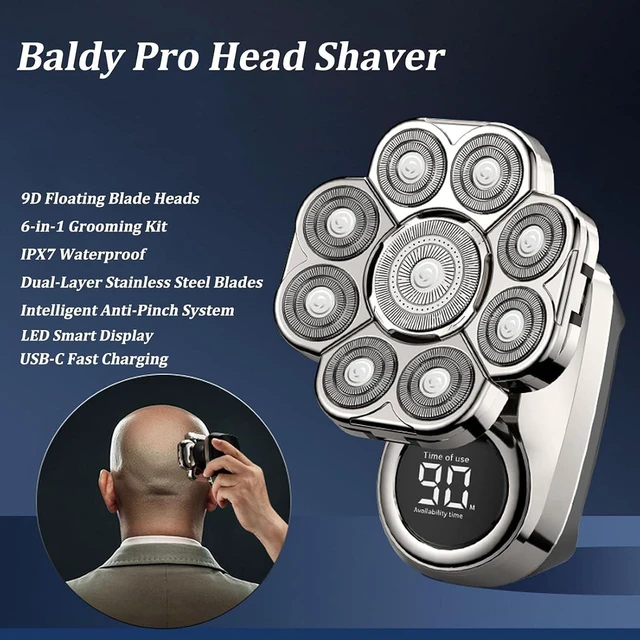 Alt view image 7 of 7 - Bawldy Pro Head Shaver with 9D Floating, IPX7 Waterproof,Stainless Steel Dual-Blade 9000RPM, LED Display, USB-C Fast Charge, 6-in-1 Kit for Head/Beard/Nose/Ear, Travel Lock
