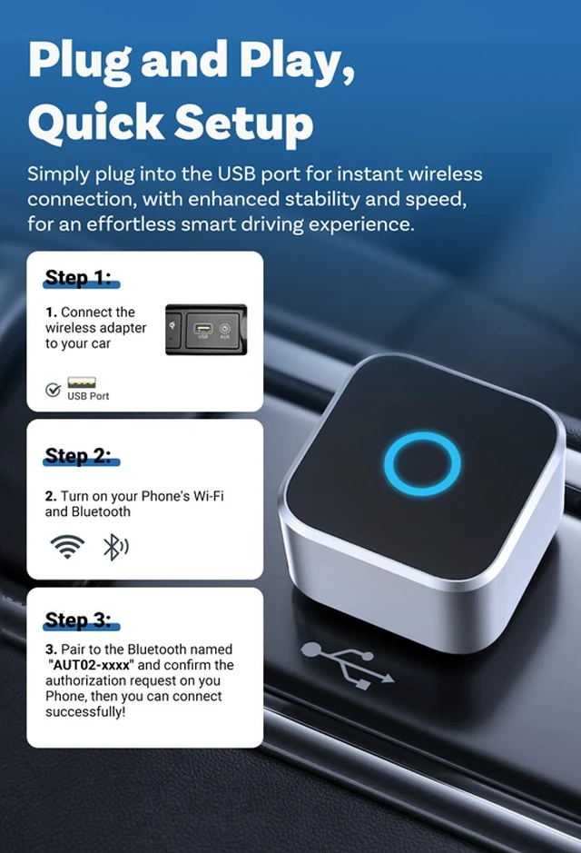 Alt view image 2 of 7 - Wireless CarPlay Adapter for iPhone & Android Auto,5GHz WiFi Dongle, Stable Zero-Delay Connection, Plug & Play to Convert Wired CarPlay to Wireless, Compact Aluminum Design