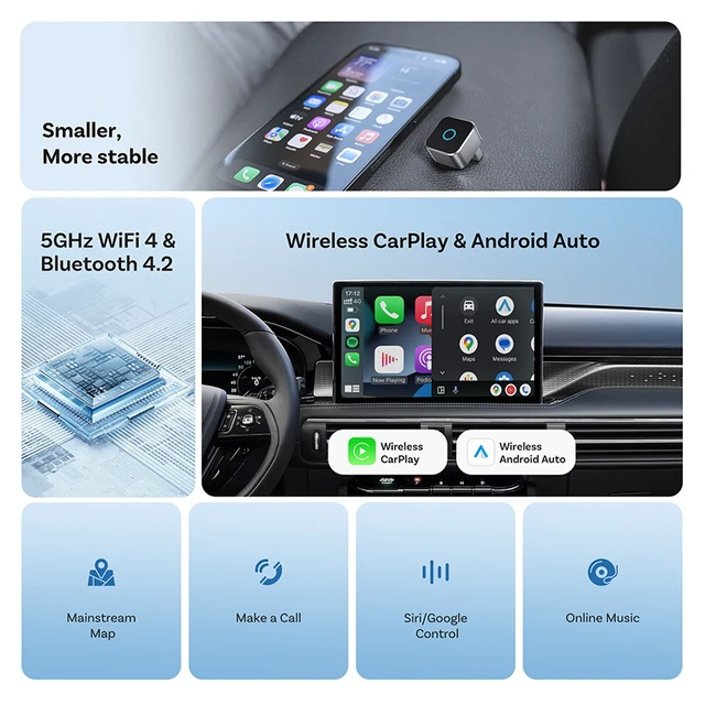 Alt view image 6 of 7 - Wireless CarPlay Adapter for iPhone & Android Auto,5GHz WiFi Dongle, Stable Zero-Delay Connection, Plug & Play to Convert Wired CarPlay to Wireless, Compact Aluminum Design