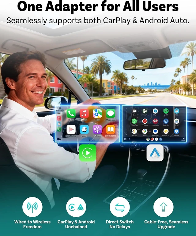 Alt view image 2 of 7 - Mini Pico Wireless CarPlay & Android Auto Adapter WiFi 6 + Bluetooth 5.4, Plug & Play, Fast Auto-Reconnect, Ultra-Compact Design, Works with Factory Wired CarPlay Cars