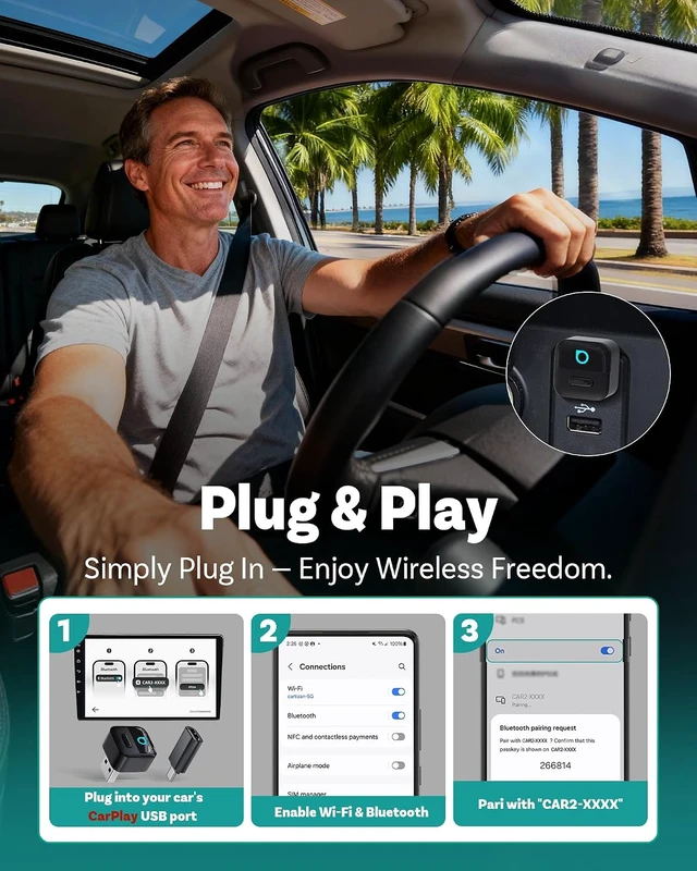 Alt view image 5 of 7 - Mini Pico Wireless CarPlay & Android Auto Adapter WiFi 6 + Bluetooth 5.4, Plug & Play, Fast Auto-Reconnect, Ultra-Compact Design, Works with Factory Wired CarPlay Cars