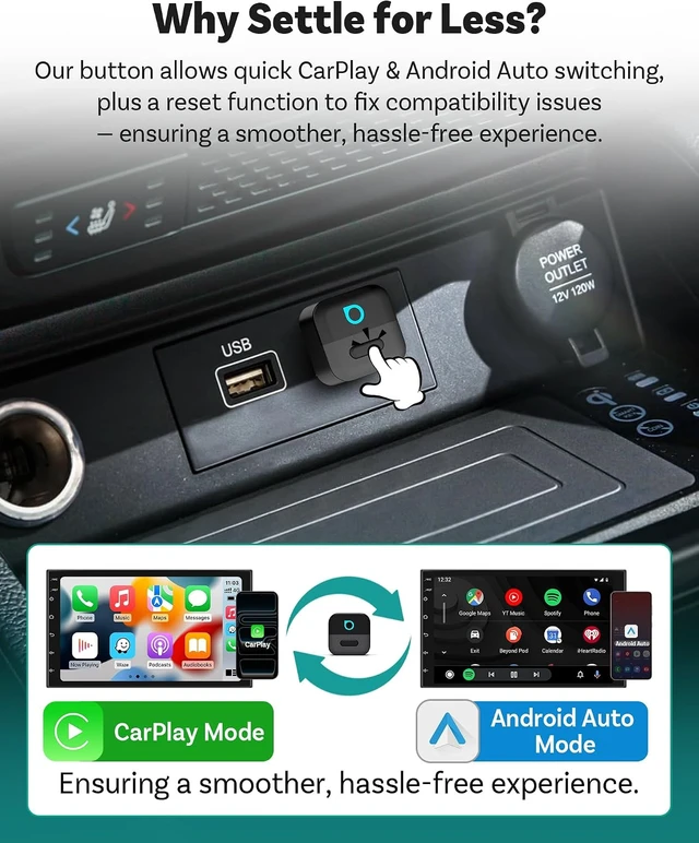 Alt view image 7 of 7 - Mini Pico Wireless CarPlay & Android Auto Adapter WiFi 6 + Bluetooth 5.4, Plug & Play, Fast Auto-Reconnect, Ultra-Compact Design, Works with Factory Wired CarPlay Cars