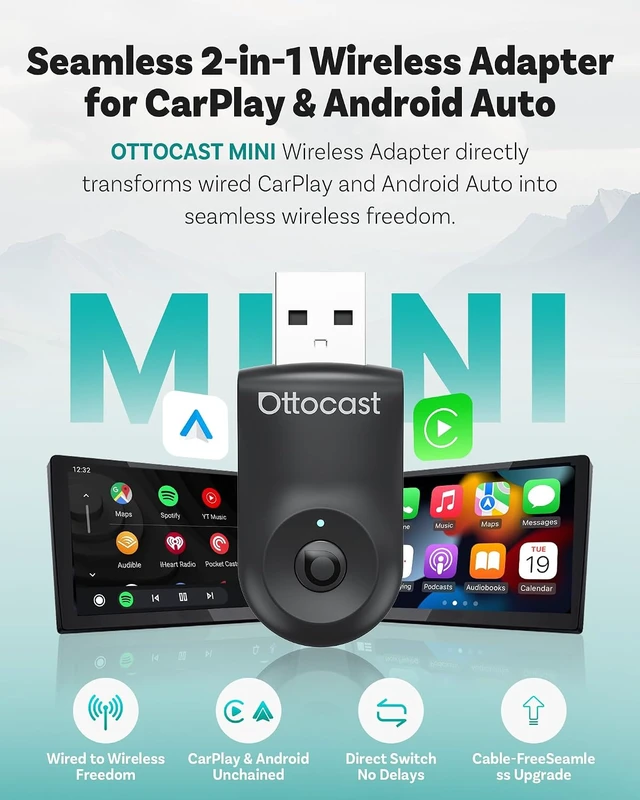 Alt view image 7 of 7 - Mini 2025 2-in-1 Wireless CarPlay/Android Auto Adapter, 5GHz WiFi, Auto Connect for 2016+ Cars